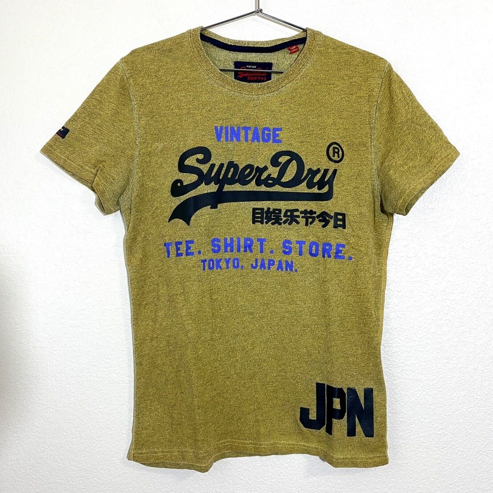 Superdry Mens Shirt Size Large Graphic Spellout Short Sleeve Yellow Green